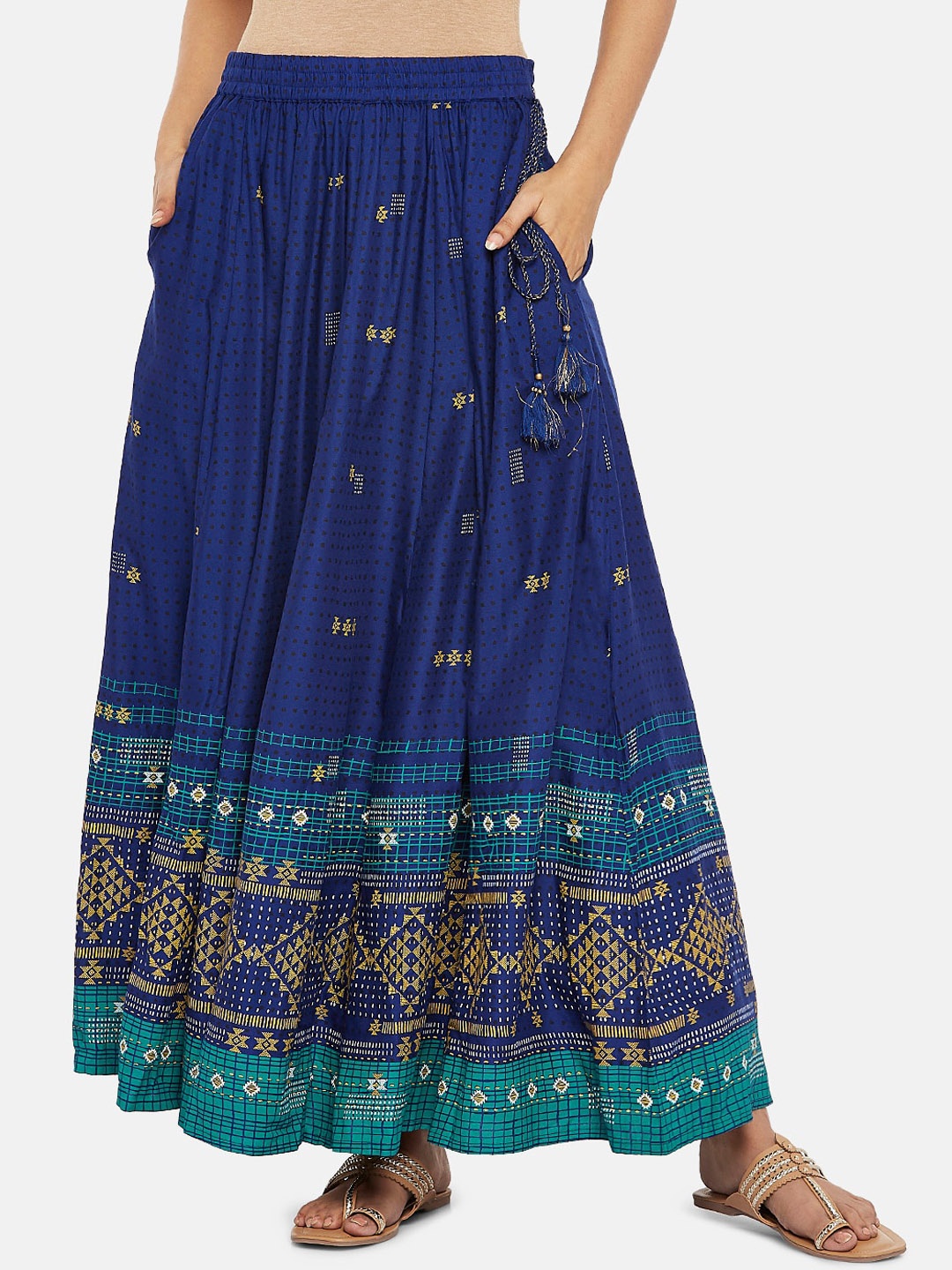 

AKKRITI BY PANTALOONS Navy Blue & Beige Printed Flared Skirt