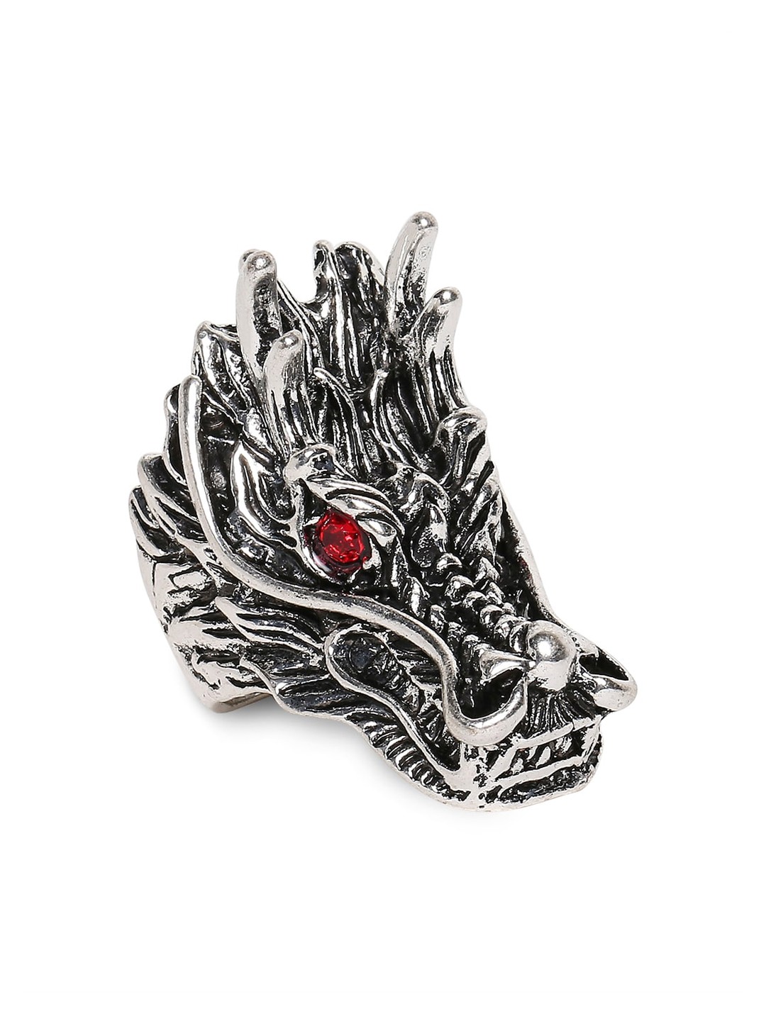 

OOMPH Men Silver-Plated Red Stone-Studded Vintage Gothic Dragon Head Finger Ring