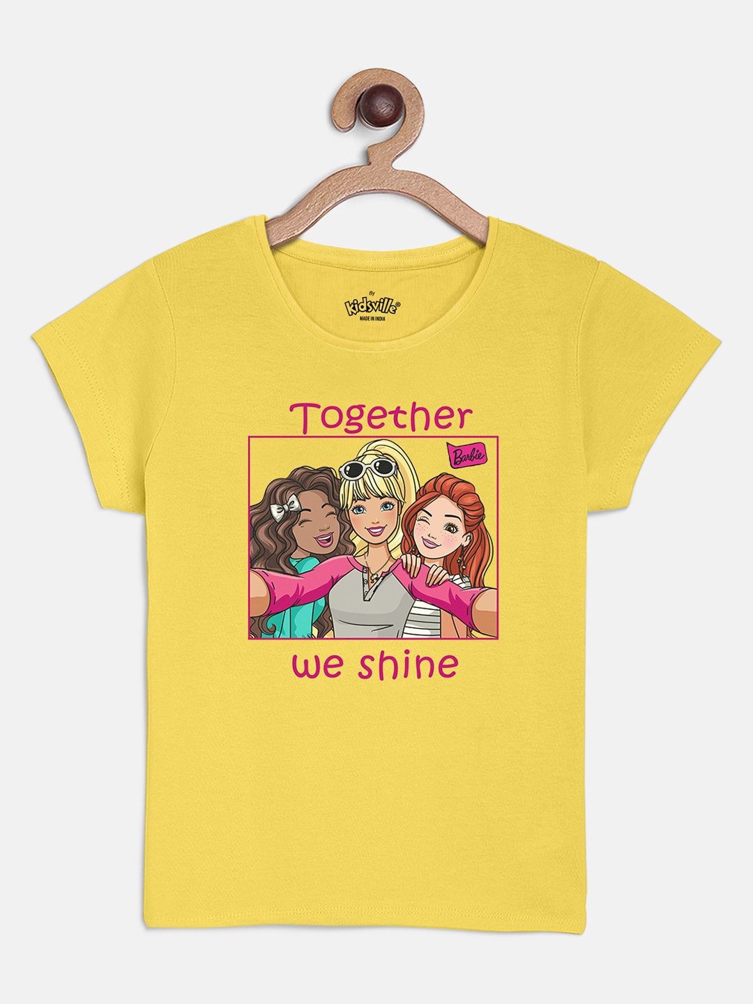 

Kids Ville Girls Yellow Barbie Printed Round Neck Cotton Pure Cotton T-shirt
