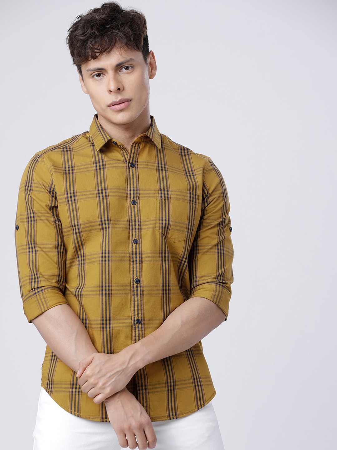 

LOCOMOTIVE Men Mustard Yellow & Blue Slim Fit Checked Casual Shirt