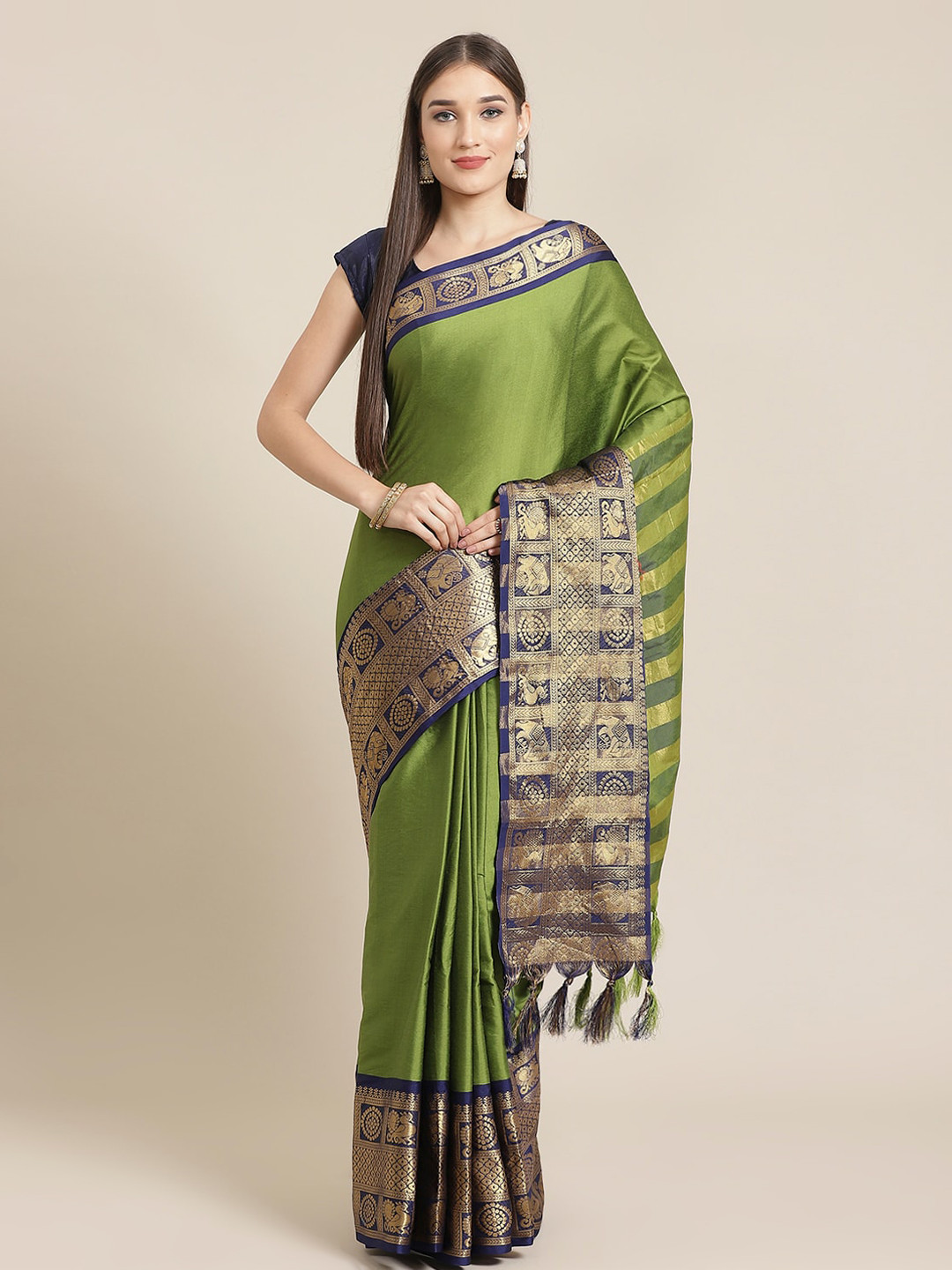 

Mitera Green & Navy Blue Pure Silk Solid Banarasi Saree