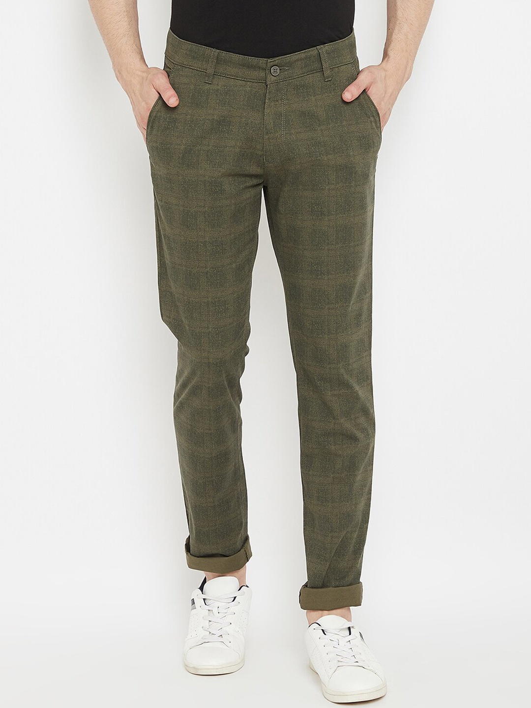 

Crimsoune Club Men Olive Green Slim Fit Checked Regular Trousers