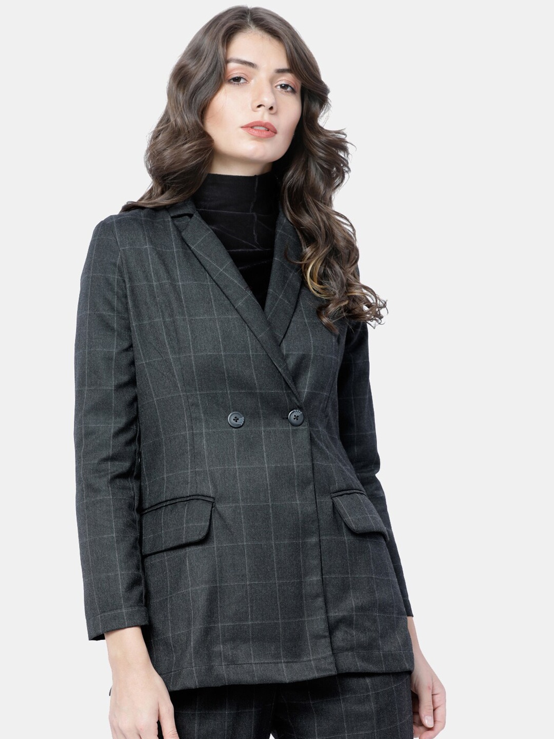 

CHIC BY TOKYO TALKIES Women Charcoal Checked Double-Breasted Casual Blazer