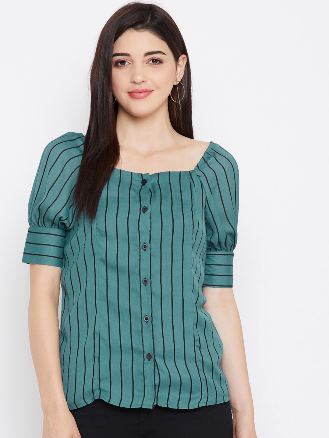 

Purys Women Teal Striped Puff Sleeves Georgette Blouson Top