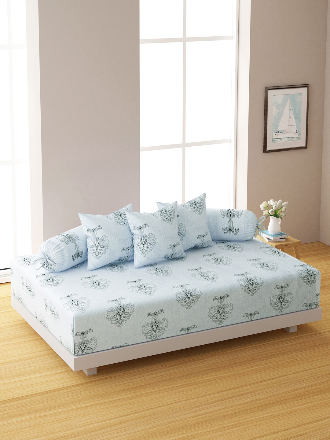 

SWAYAM Set Of 6 Green & Black Ethnic Motifs Printed Bedsheet With Bolster & Cushion Covers, Blue