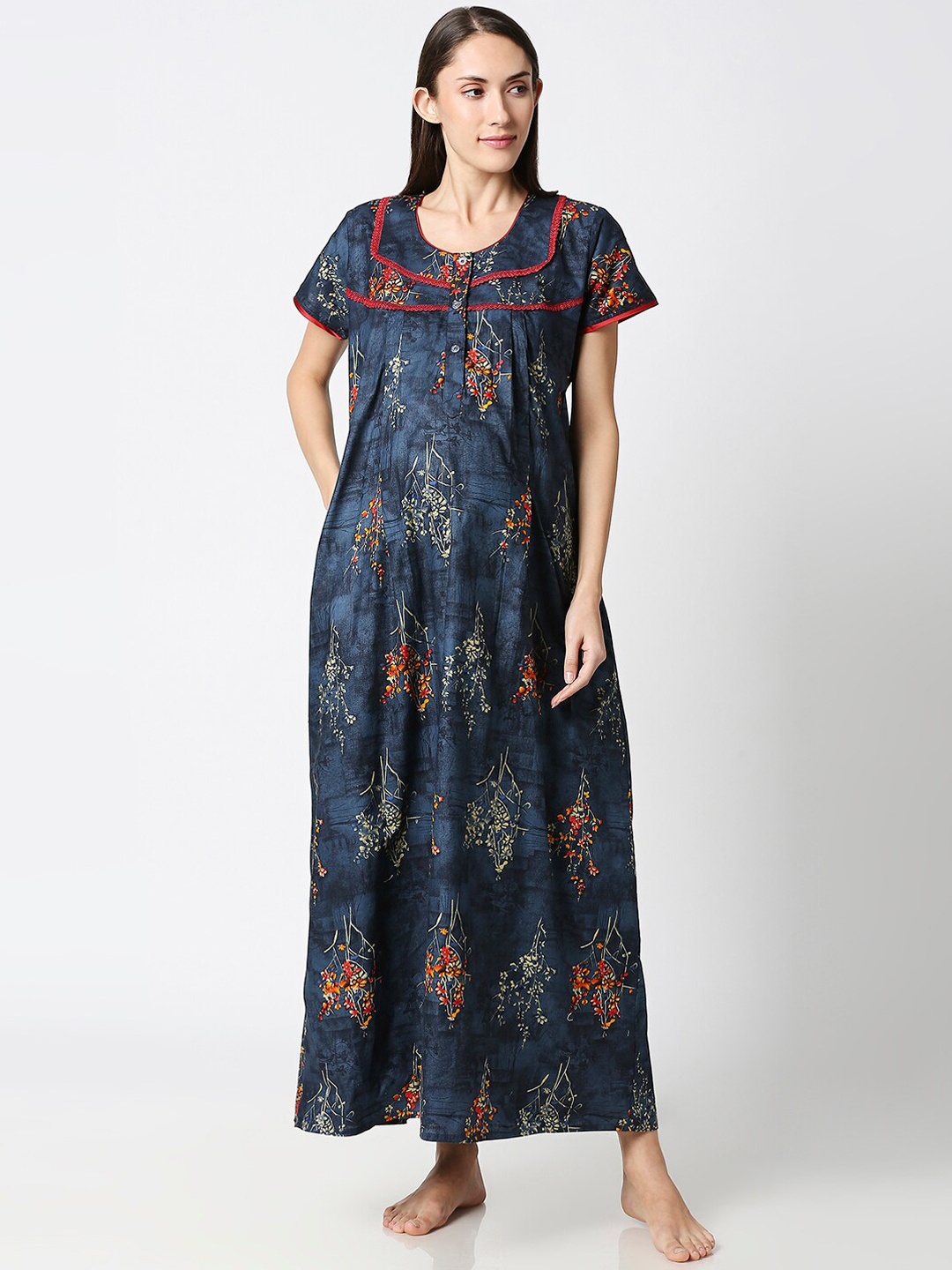 

AV2 Navy Blue Printed Maternity Nursing Nightdress