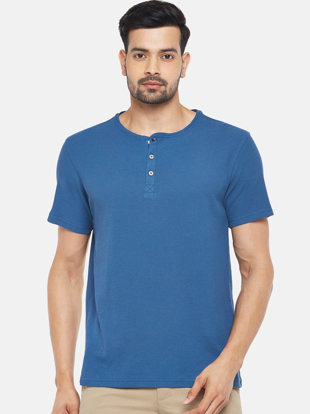 

BYFORD by Pantaloons Men Blue Solid Henley Neck Pure Cotton T-shirt