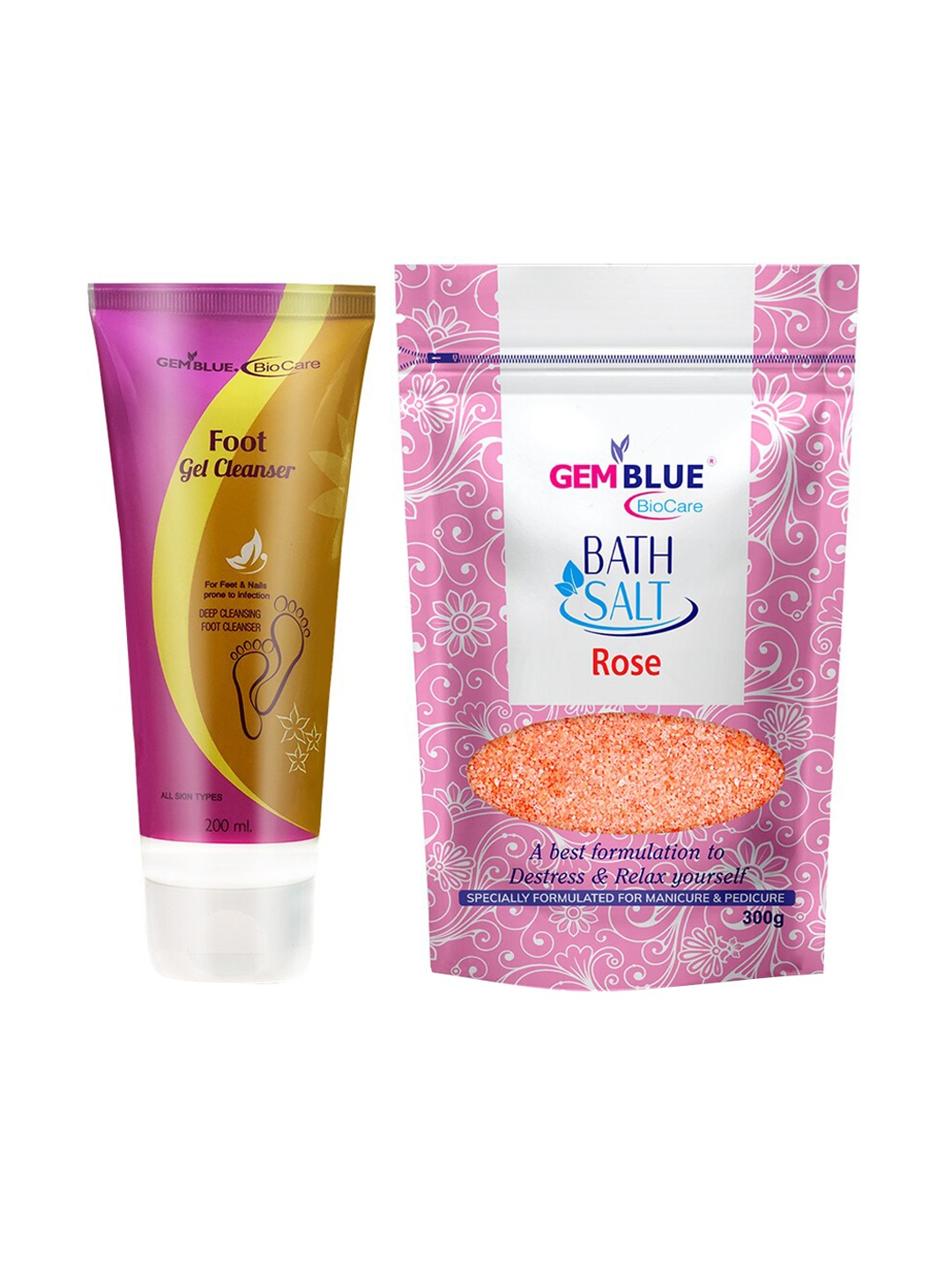 GEMBLUE BioCare Pack Of 2 Foot Cleanser 200ml & Rose Bath Salt 300g, Purple