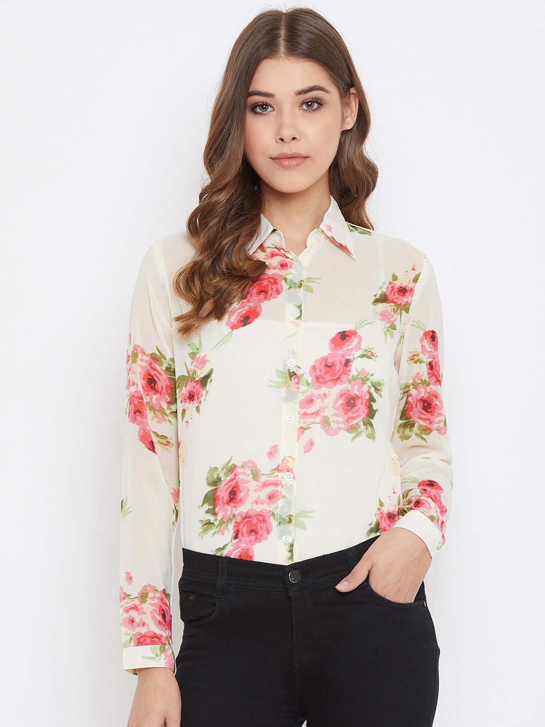 

PURYS Women Off-White Regular Fit Printed Casual Shirt