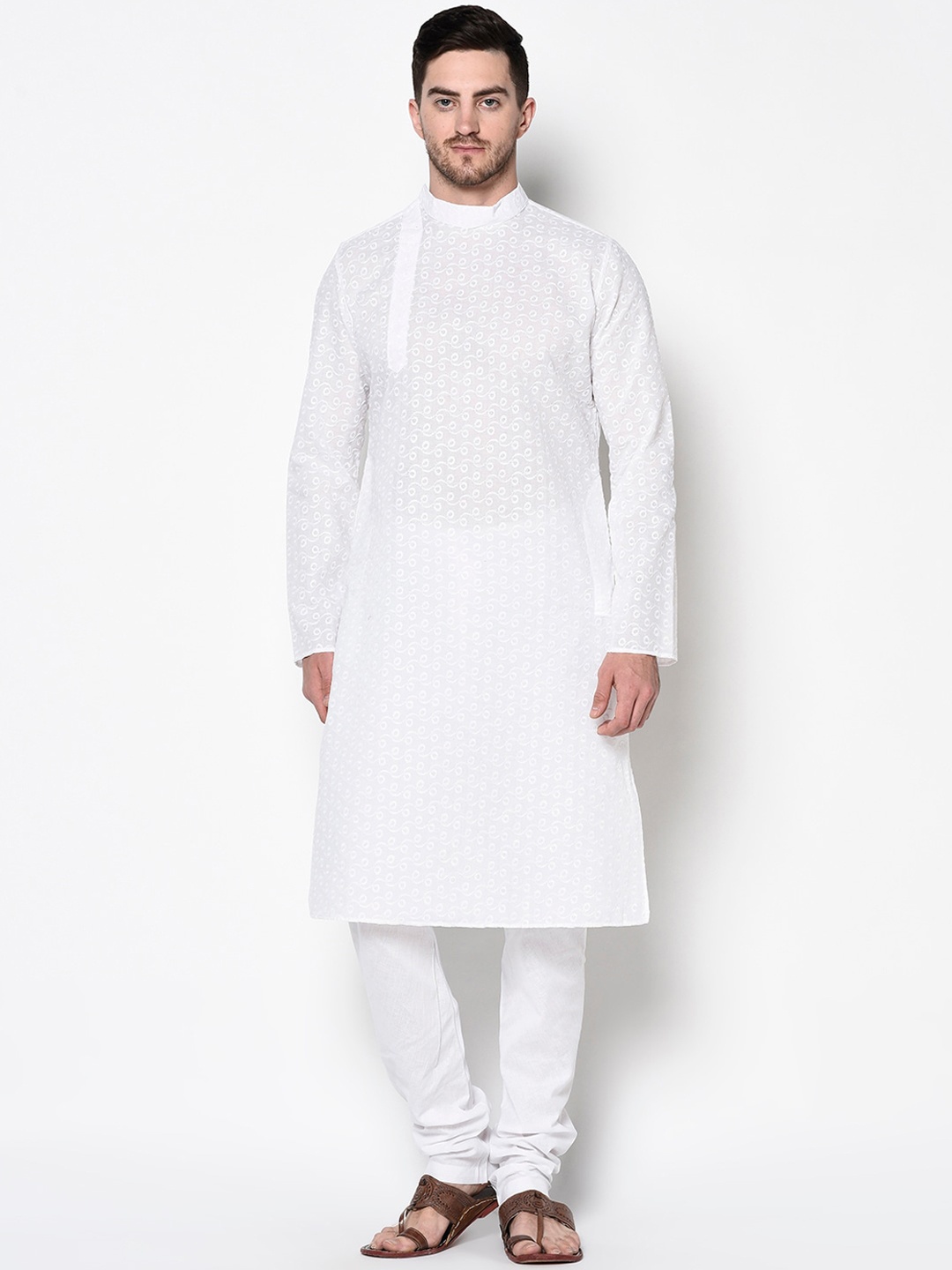 

LAMAAYA Men White Embroidered Kurta with Churidar