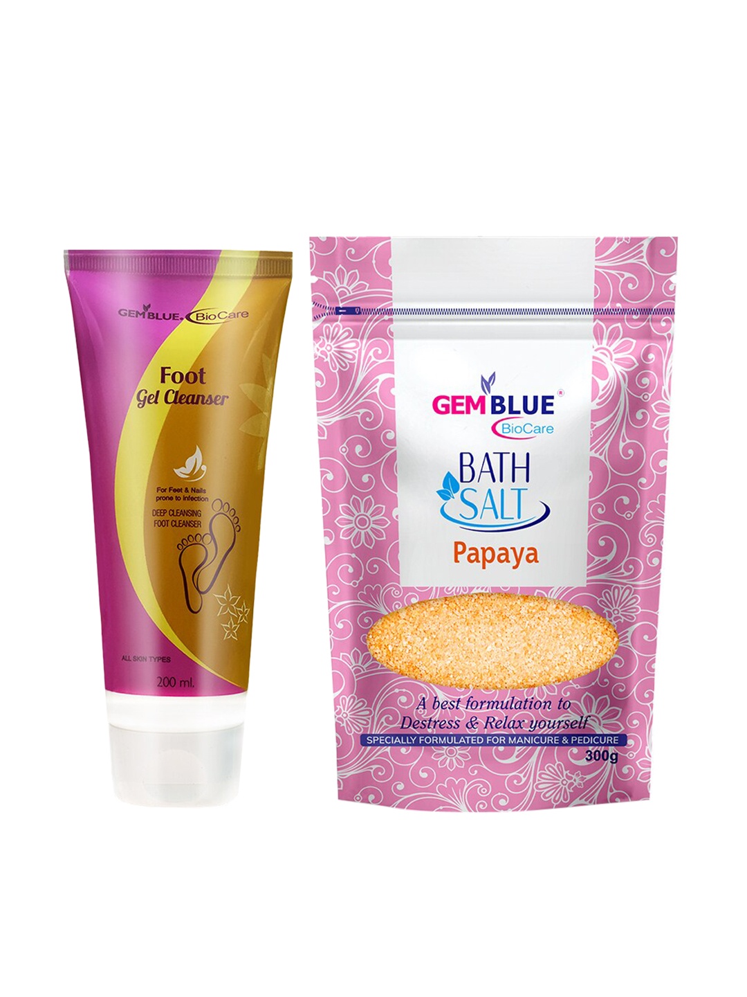 

GEMBLUE BioCare Pack Of 2 Foot Cleanser 200ml & Papaya Bath Salt 300g, Purple