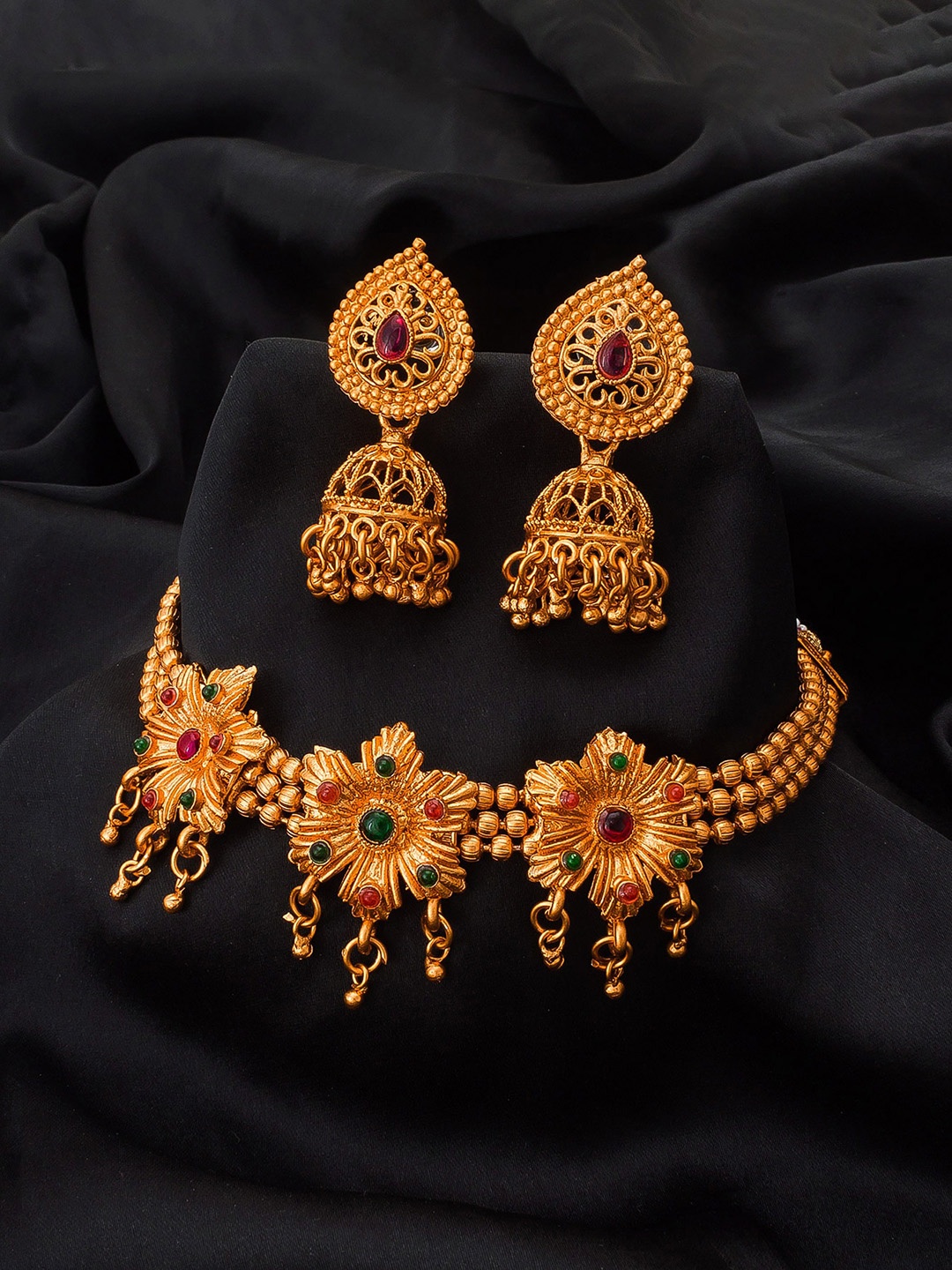 

aadita Gold-Plated Red & Green Stone-Studded Tribal Jewellery Set