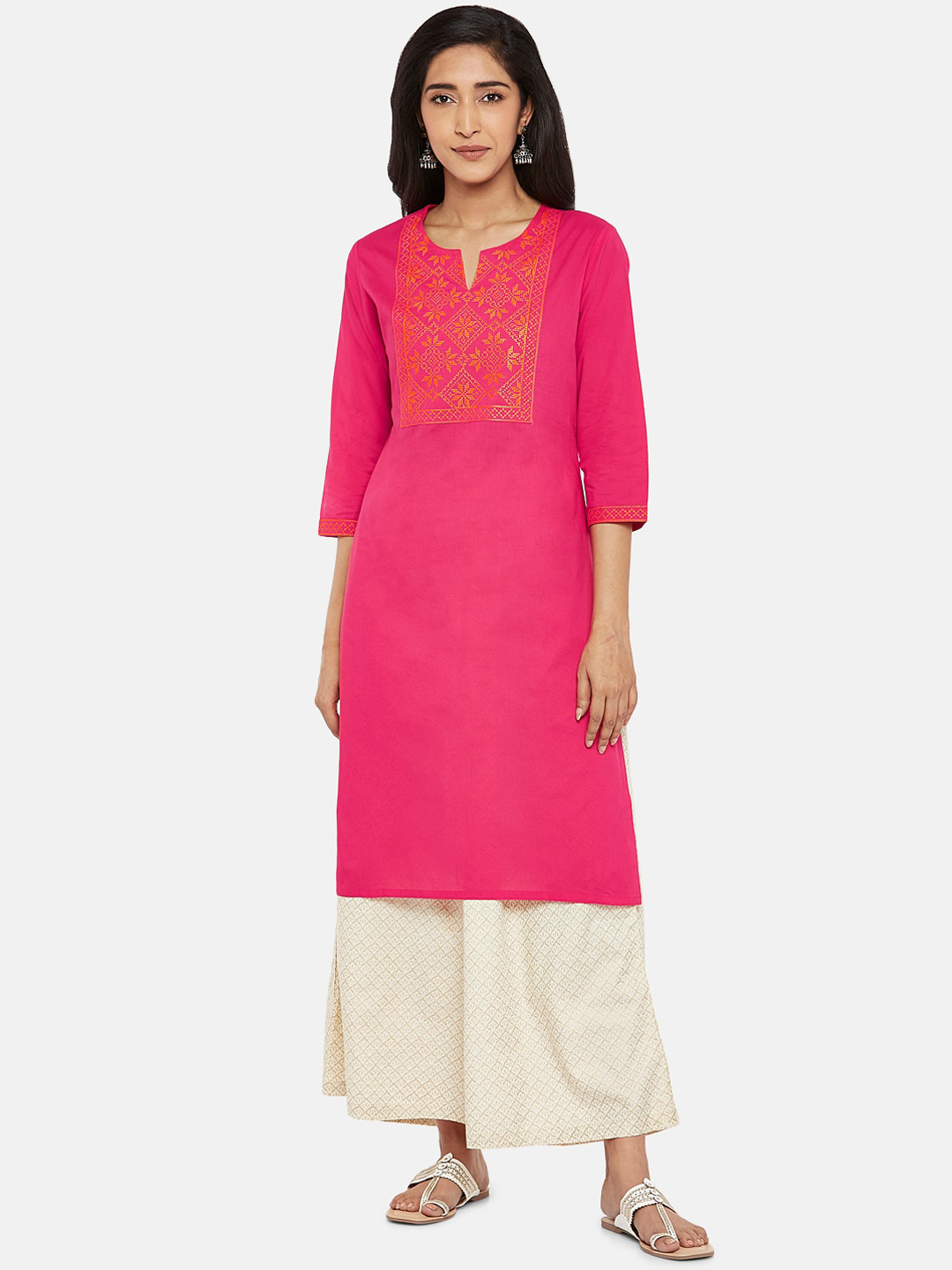 

RANGMANCH BY PANTALOONS Women Fuchsia Pink Ethnic Motifs Yoke Design Kurta