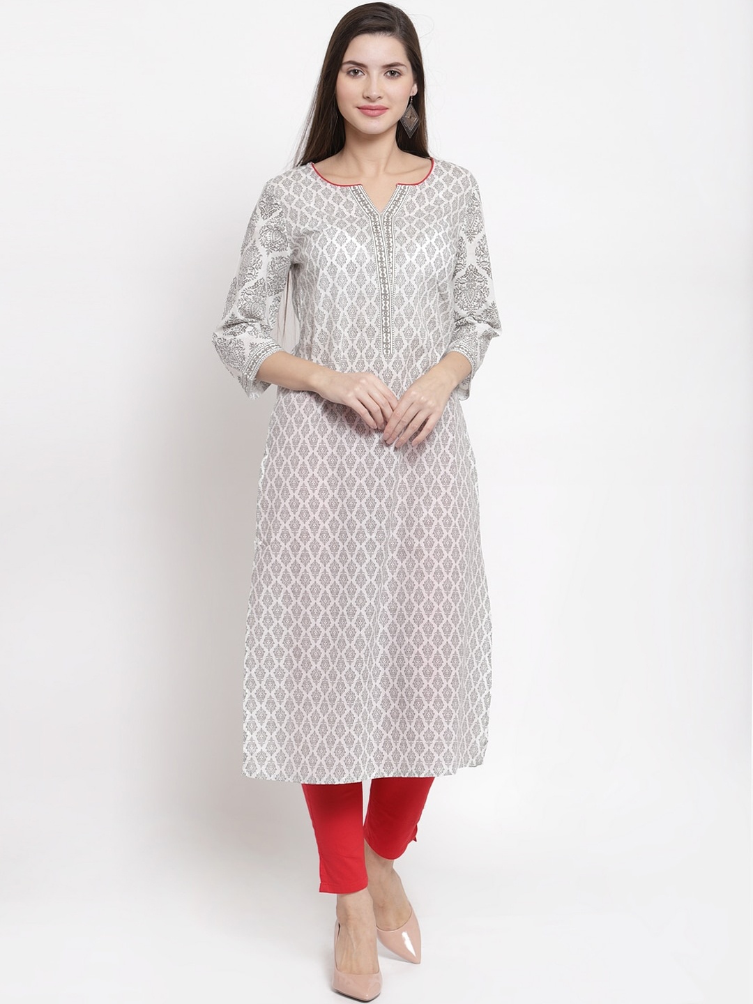 

The Kurta Express Women White & Grey Ethnic Motifs Printed Kurta