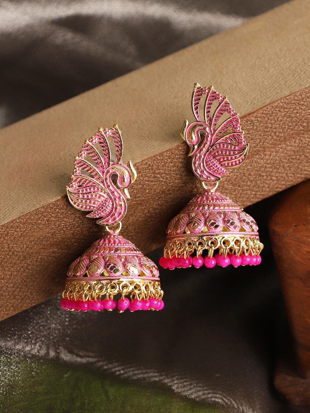 

ANIKAS CREATION Pink Peacock Shaped Jhumkas