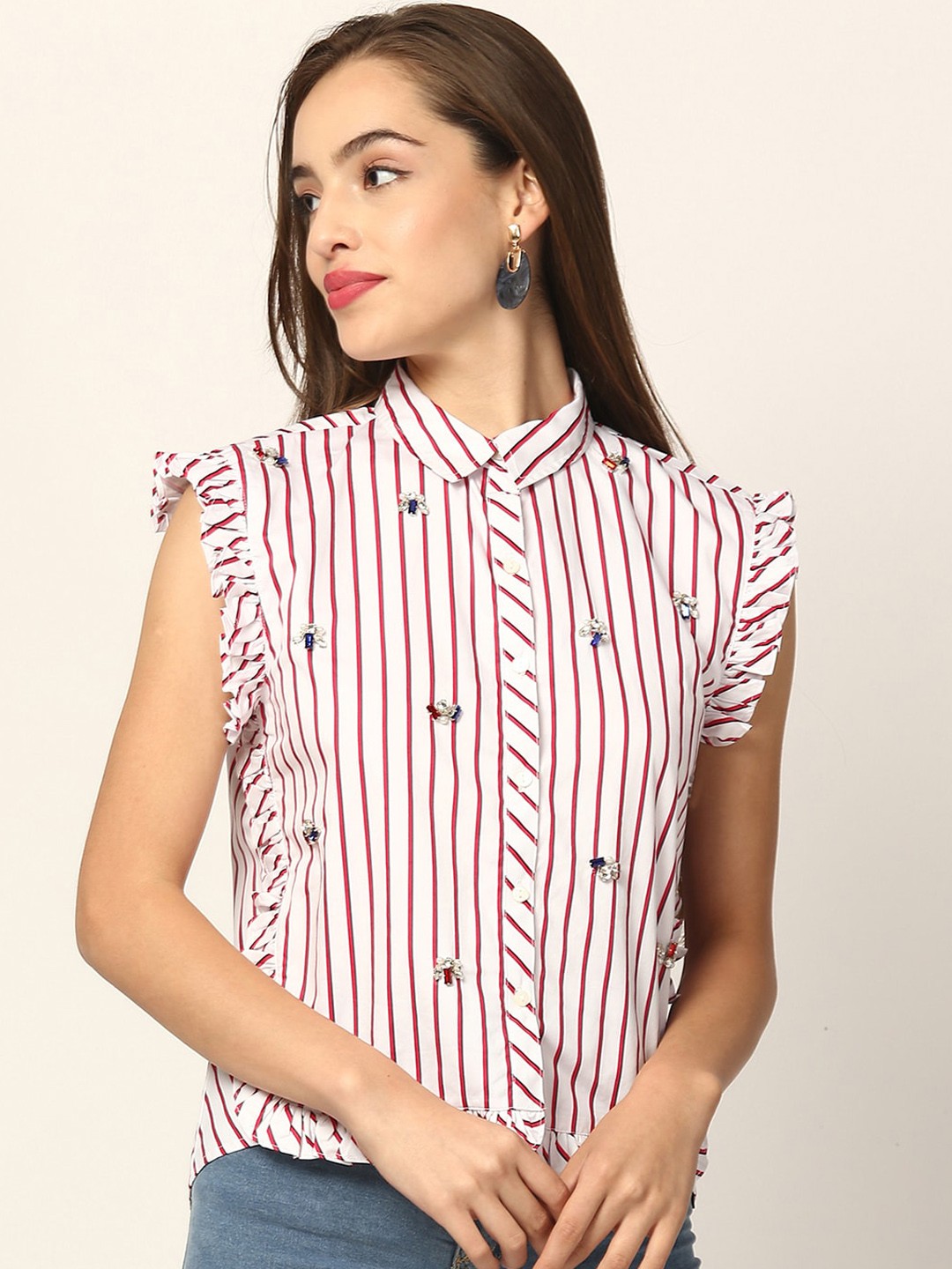 

ELLE Multicoloured Striped Shirt Style Top, White