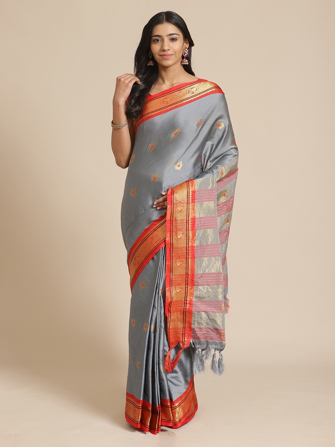 

Mitera Grey & Red Pure Silk Woven Design Banarasi Saree