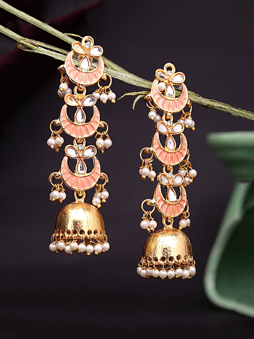 

Yellow Chimes Peach-Coloured & Gold-Toned Contemporary Jhumkas Earring