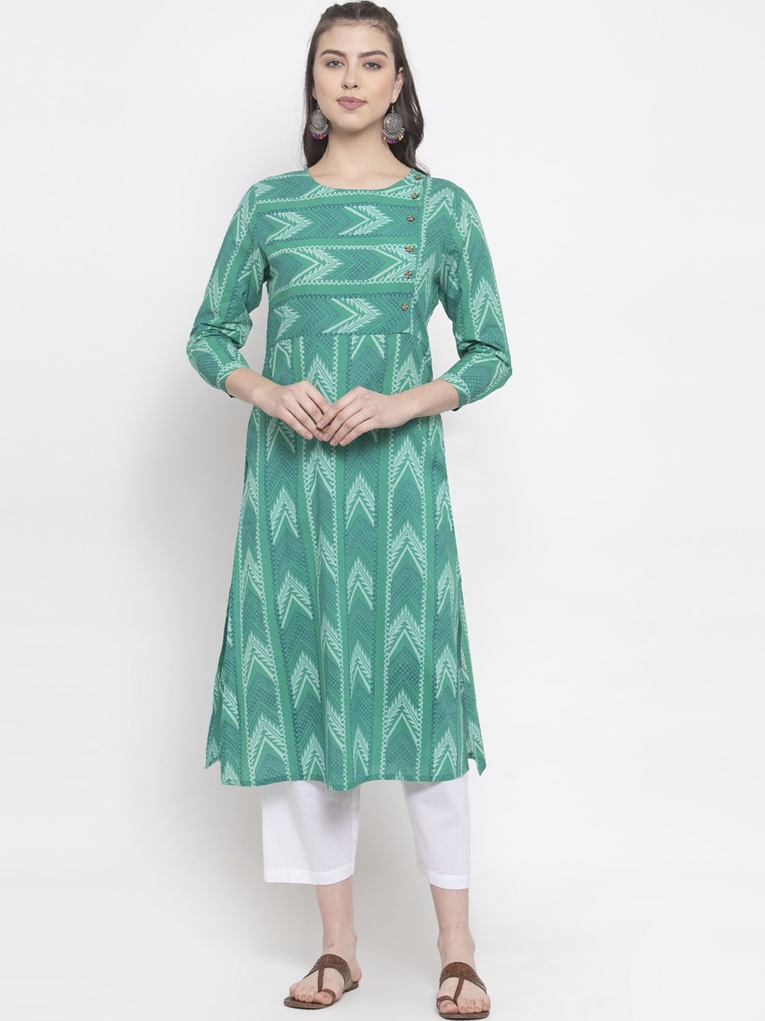 

The Kurta Express Women Green Geometric Printed Kurta
