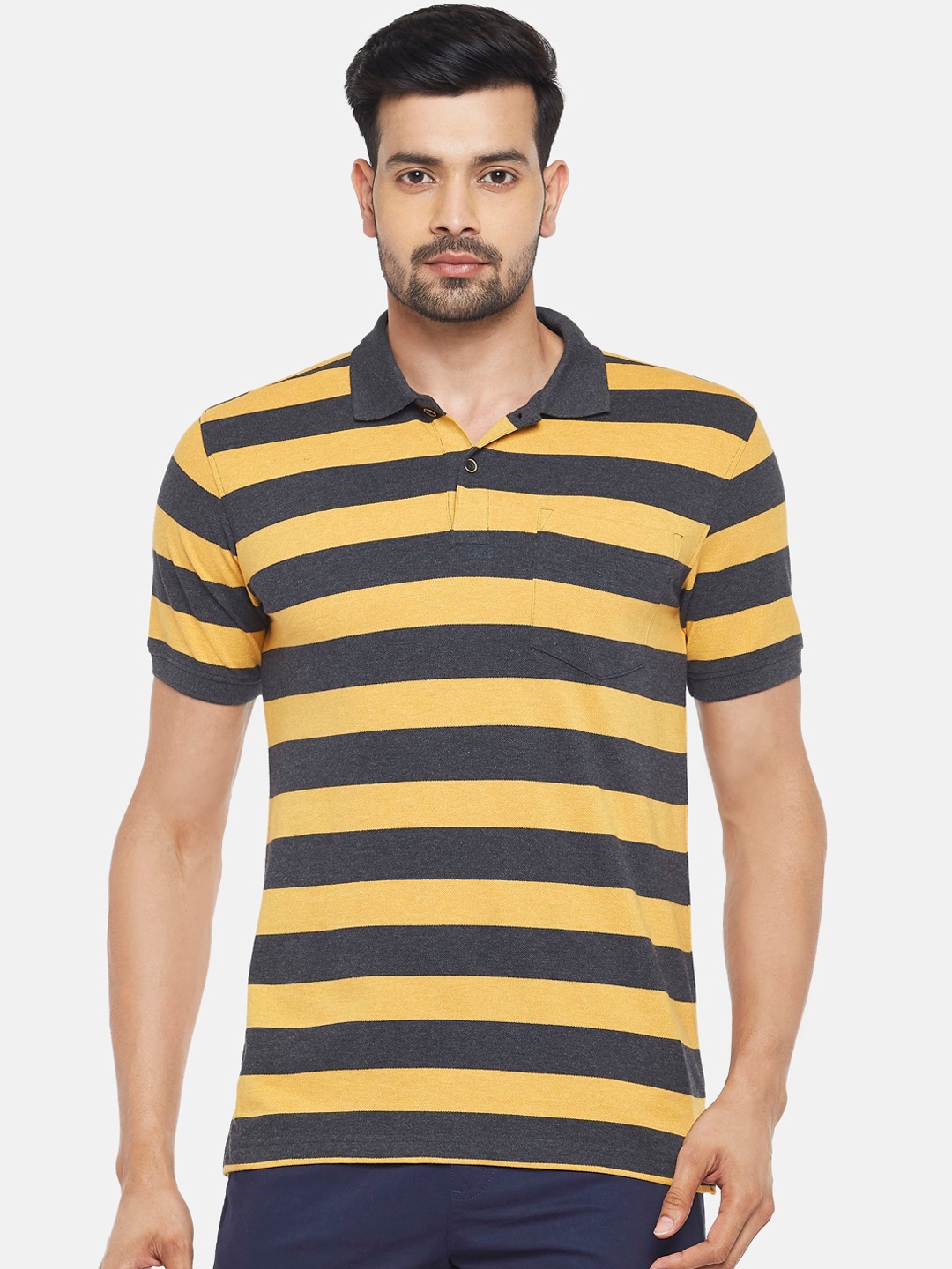 

BYFORD by Pantaloons Men Yellow Striped Polo Collar T-shirt