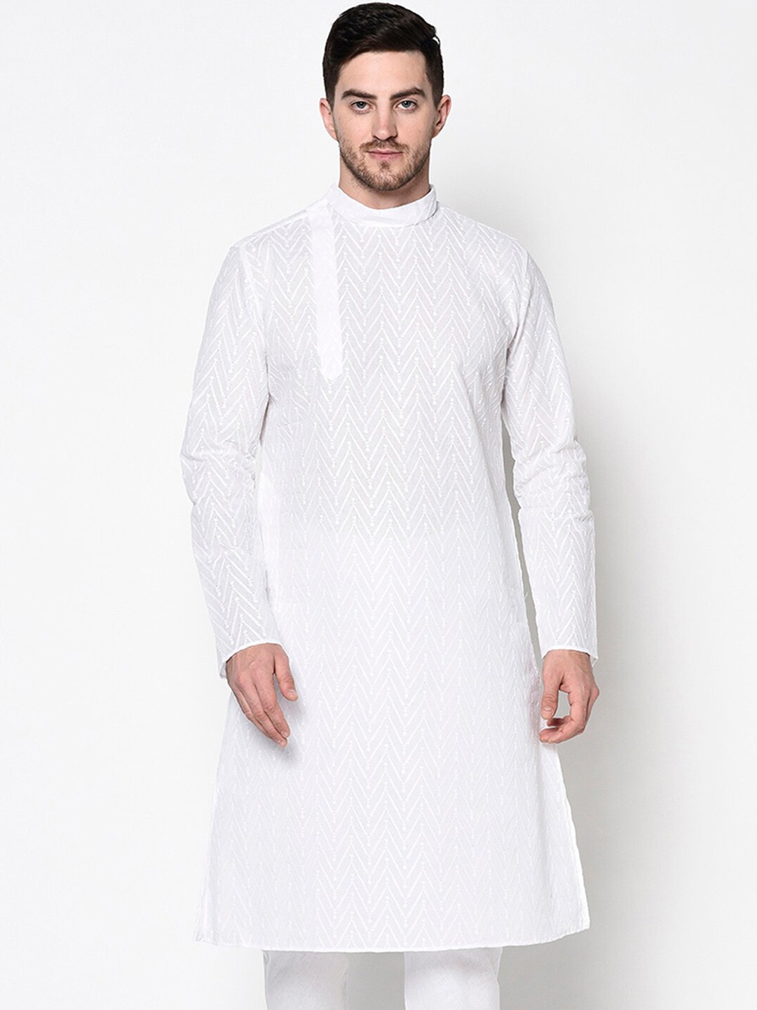 

LAMAAYA Men White Woven Design Kurta Churidar Set