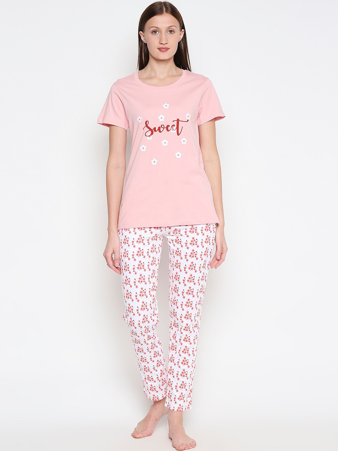 

XIN Women Pink Floral Printed Night Suit