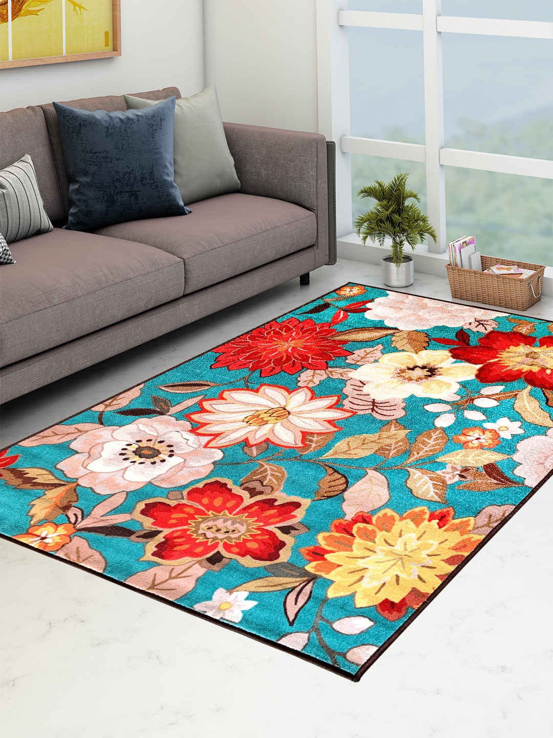Athom Trendz Multicoloured Floral Printed Anti-Skid Carpet, Multi