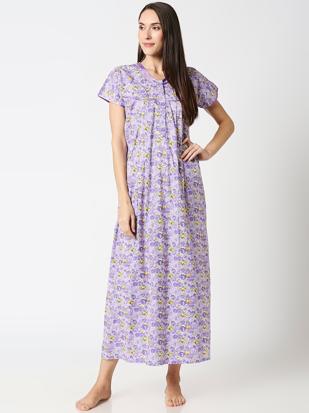 

AV2 Purple & Green Printed Maternity Nursing Nighty