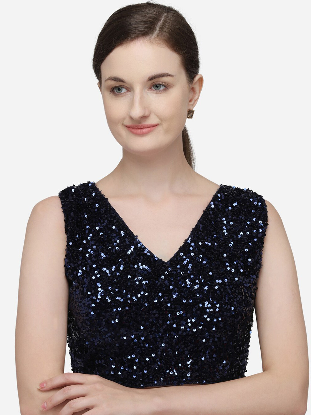 

Fab Dadu Women Navy Blue Sequin Embellished Velvet Saree Blouse