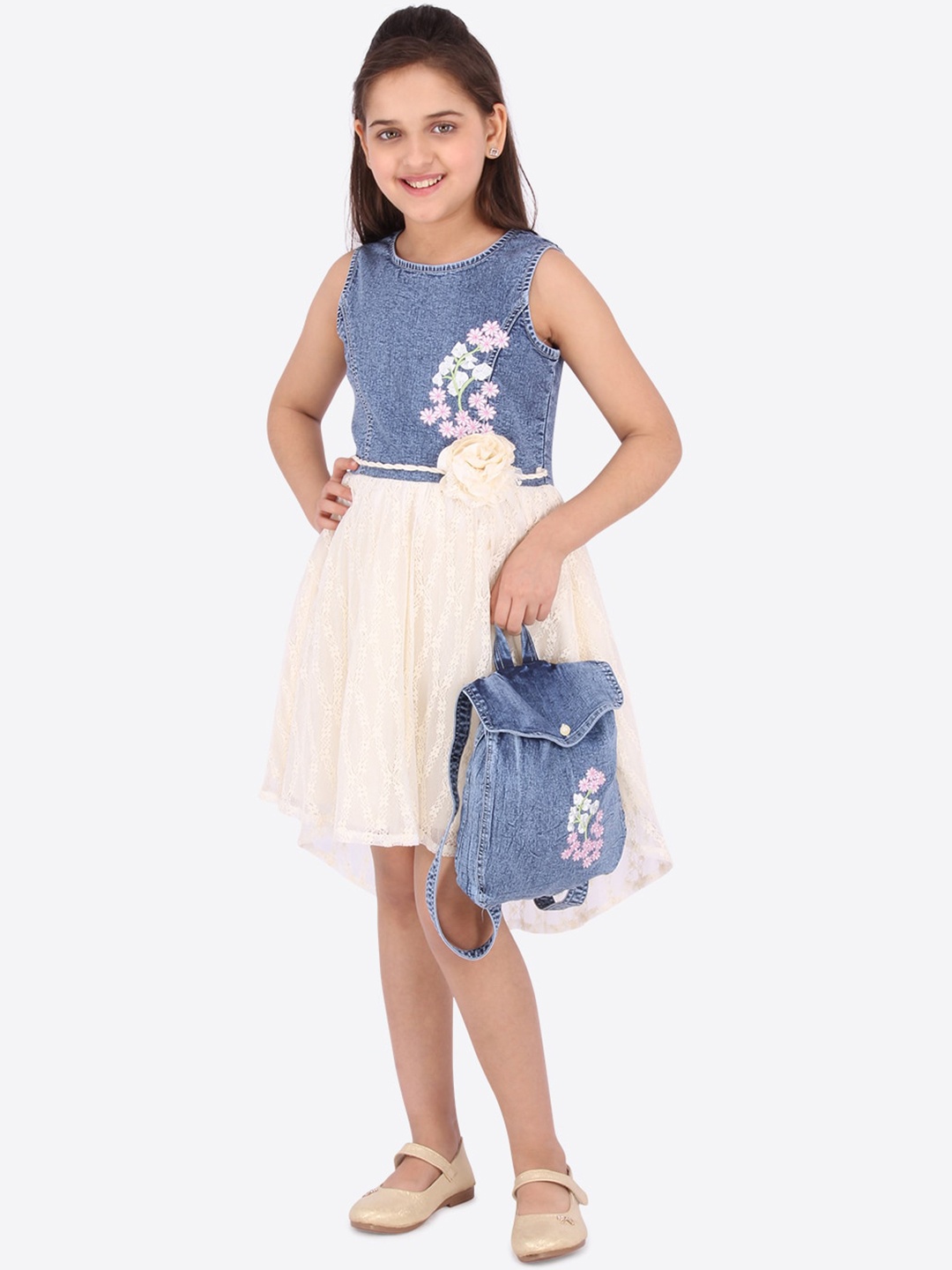 

CUTECUMBER Girls Cream-Coloured Self Design Fit and Flare Dress