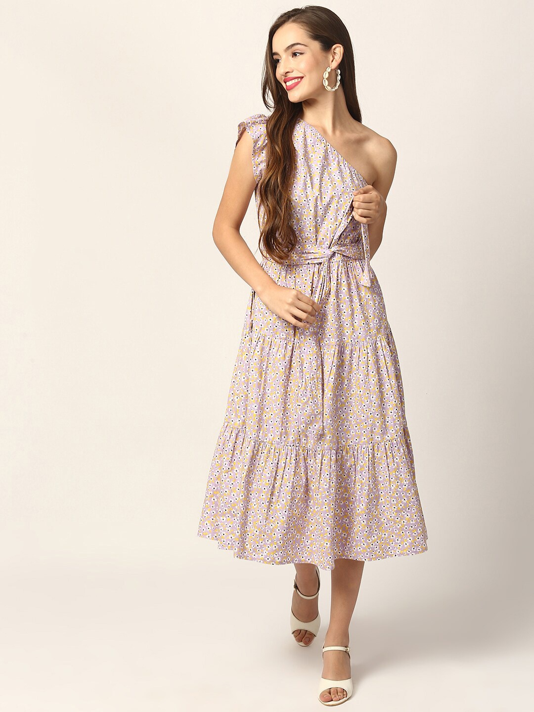 ELLE Women Lavender Floral Printed A-Line One Shoulder Dress