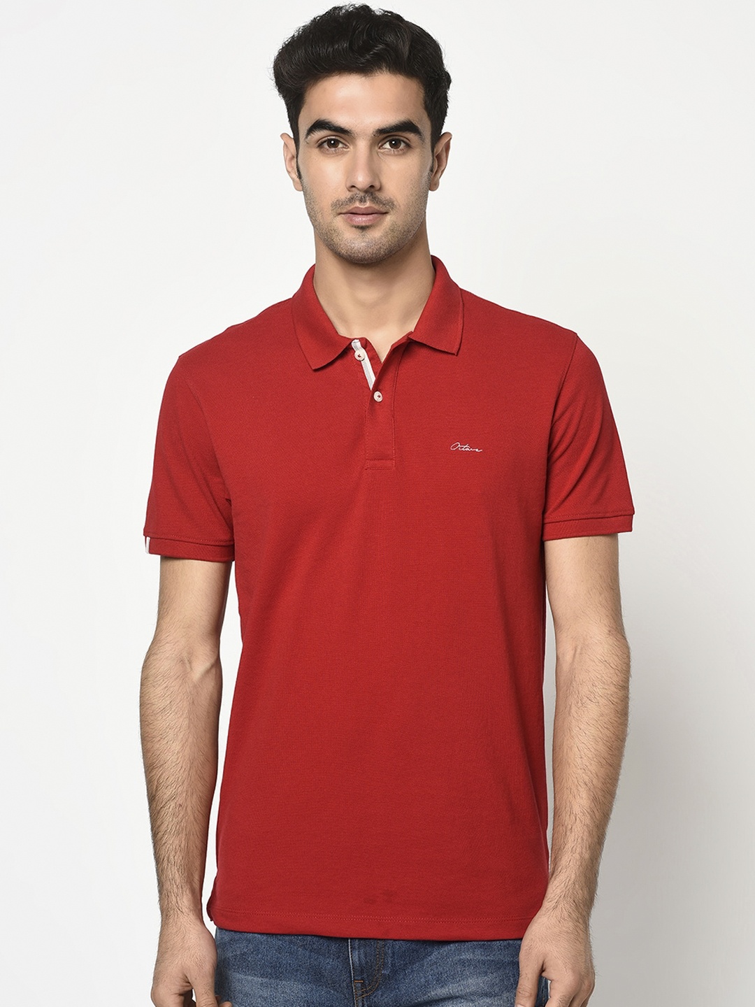 Octave Men Red Solid Polo Collar T-shirt