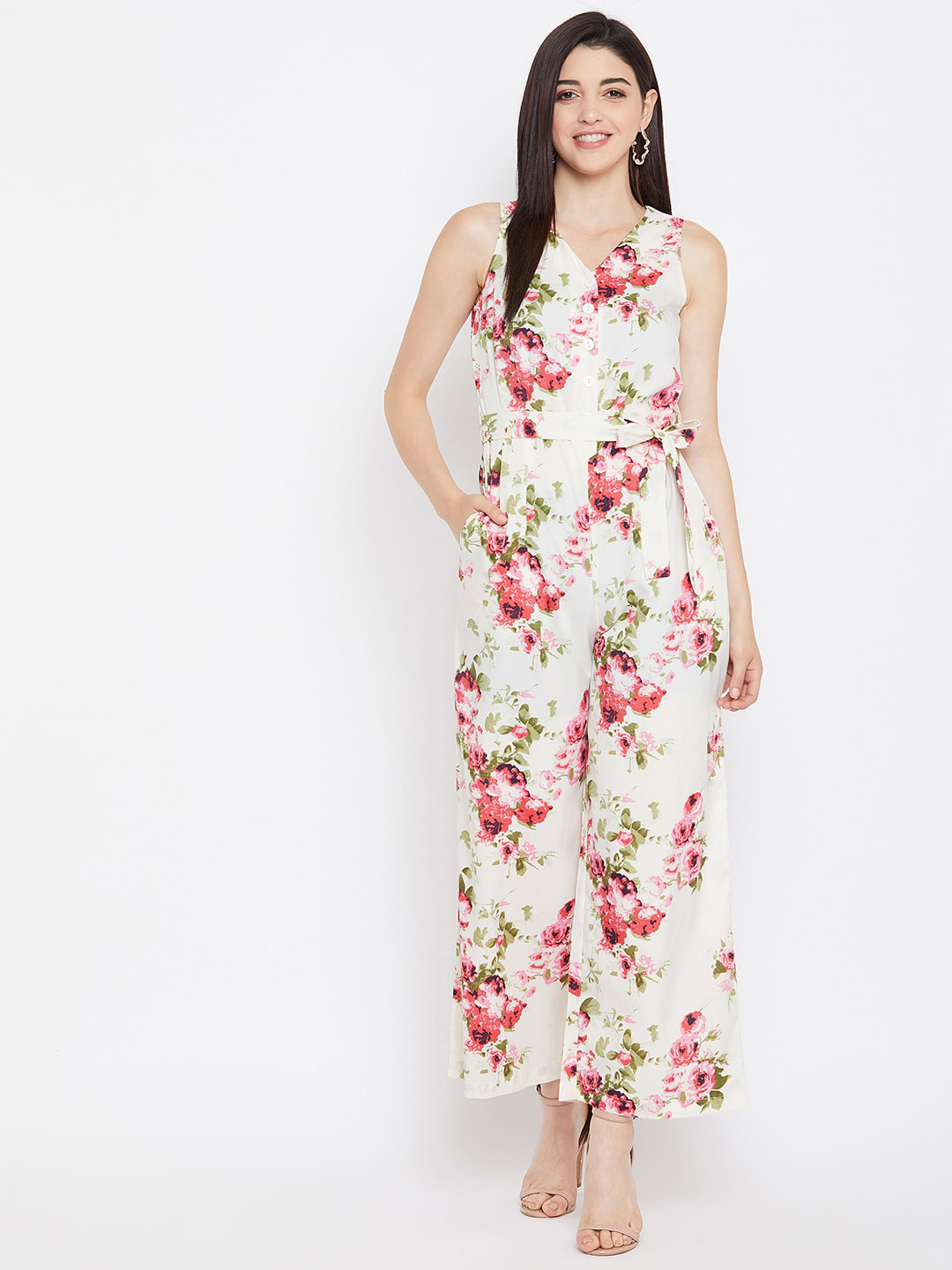 

PURYS Women White & Red Floral Printed Basic Jumpsuit