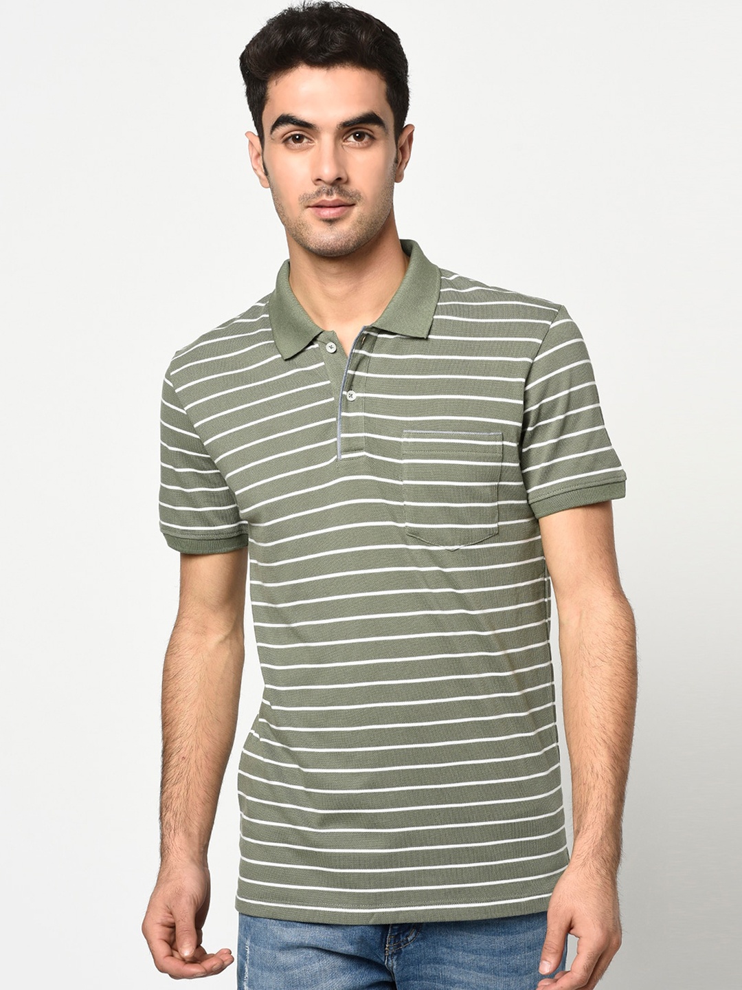 

Octave Men Olive Green Striped Polo Collar T-shirt
