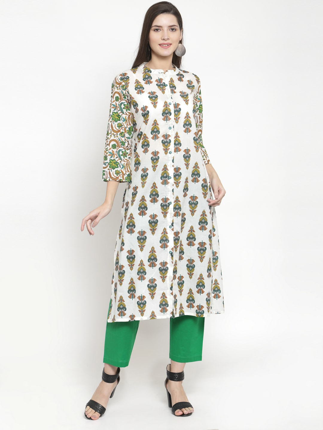 

The Kurta Express Women White & Green Ethnic Motifs Printed Kurta
