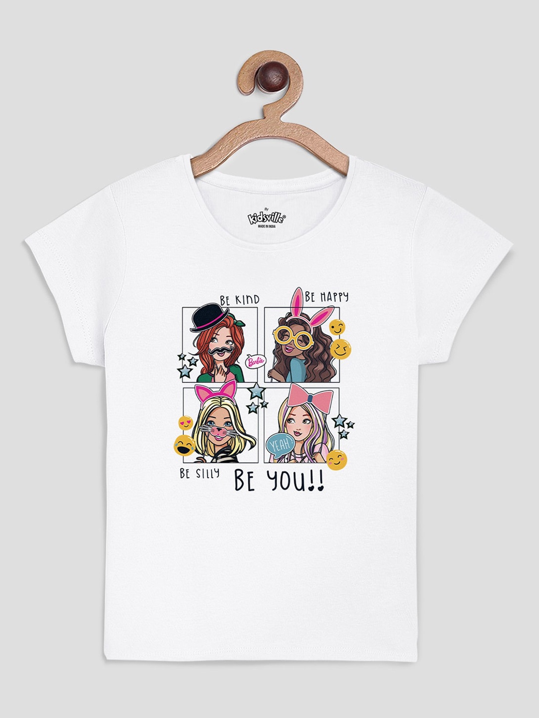 Kids Ville Girls White Barbie Printed Round Neck T-shirt
