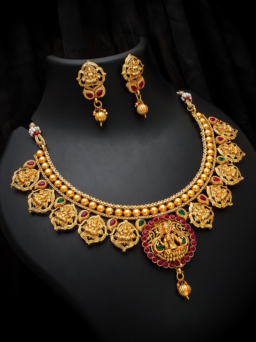 aadita Gold-Plated Green & Pink Stone-Studded Jewellery Set