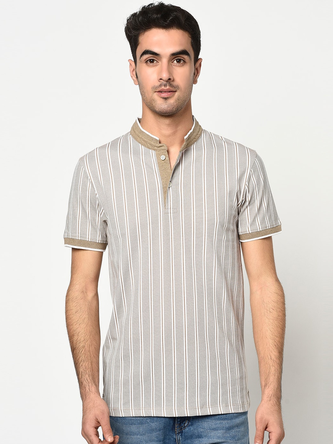 Octave Men Brown Printed Mandarin Collar T-shirt
