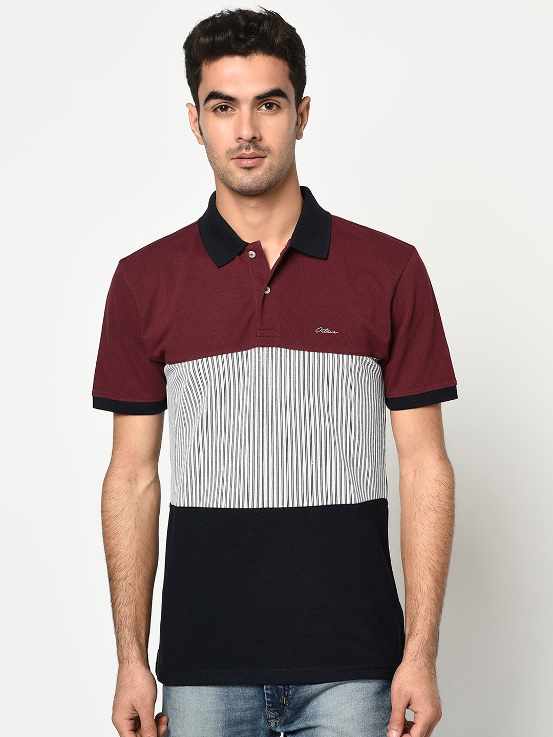 

Octave Men Maroon Colourblocked Polo Collar T-shirt