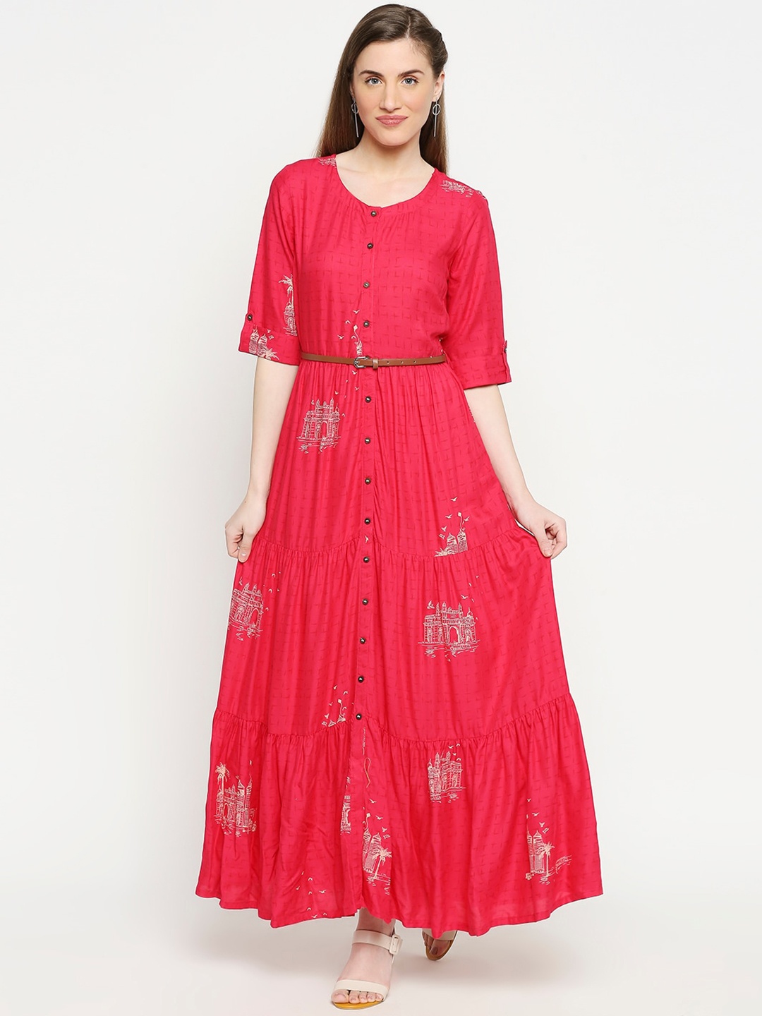 

AKKRITI BY PANTALOONS Women Fuchsia Red Printed Ethnic Maxi Dress