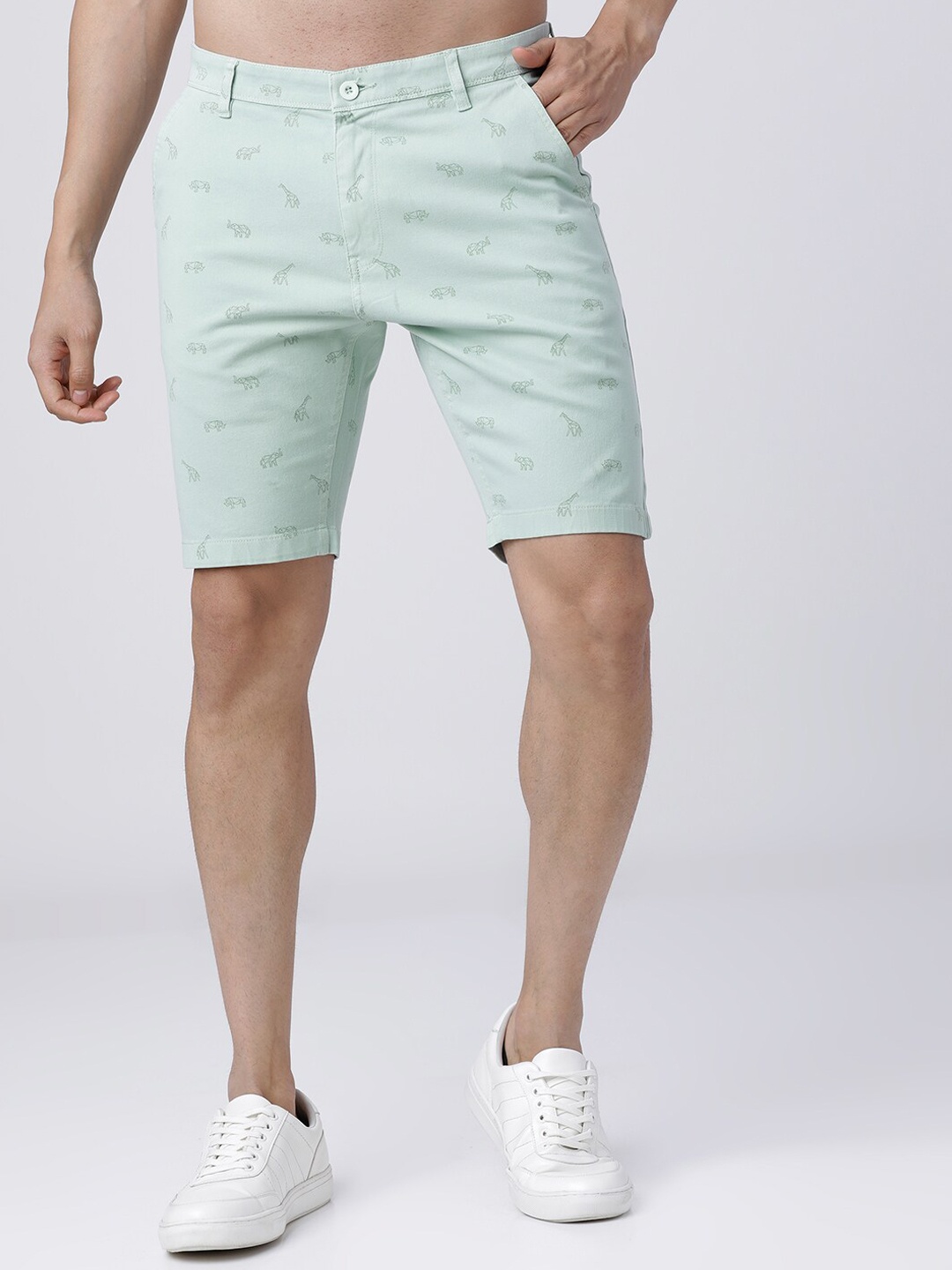 

HIGHLANDER Men Sea Green Printed Slim Fit Denim Shorts