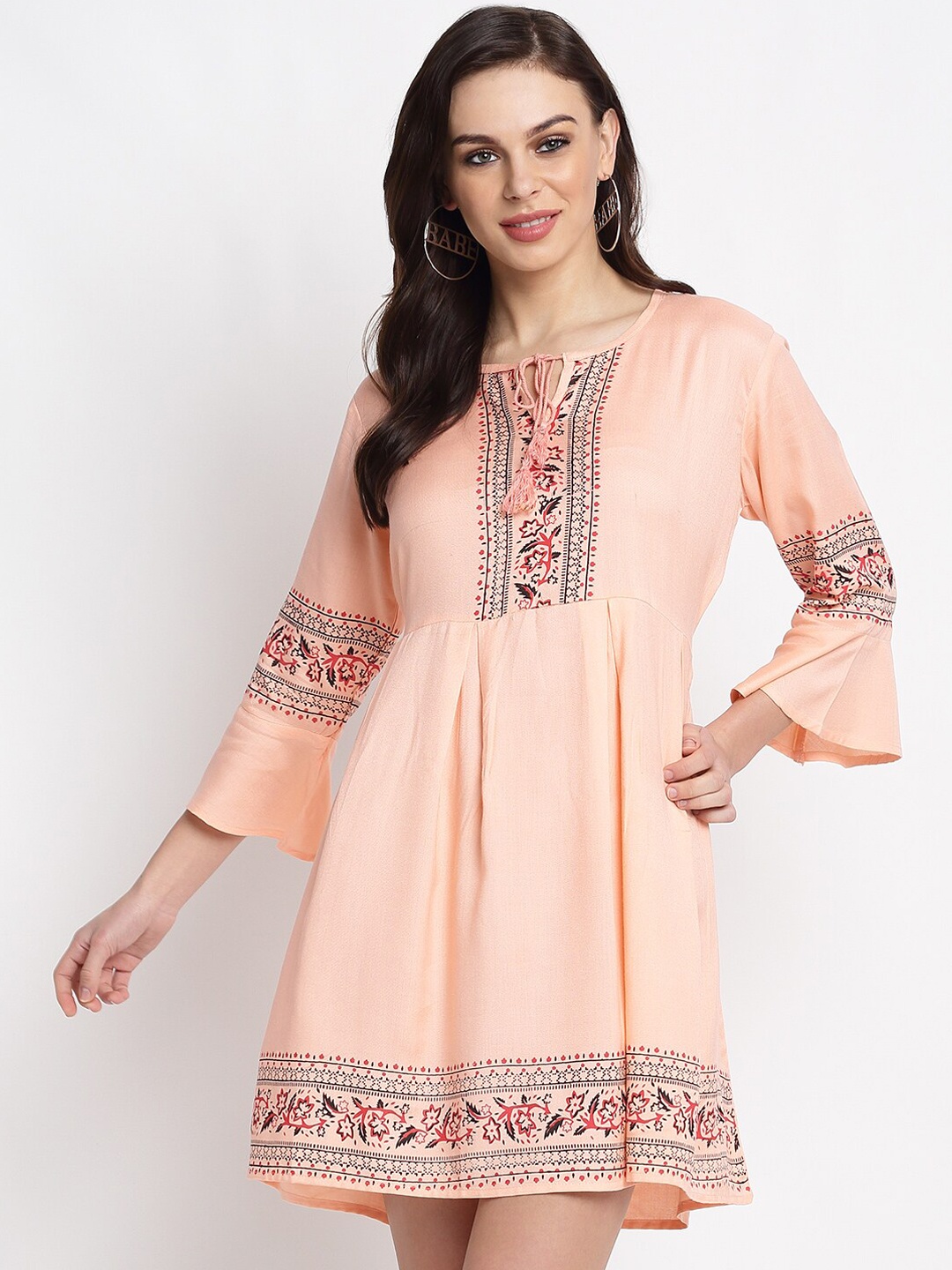 

Miaz Lifestyle Women Peach-Coloured Printed Fit and Flare Dress