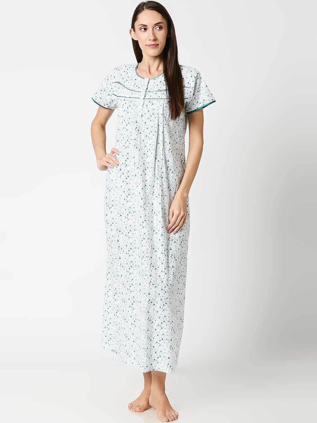 

AV2 White & Green Printed Maternity Nursing Nightdress
