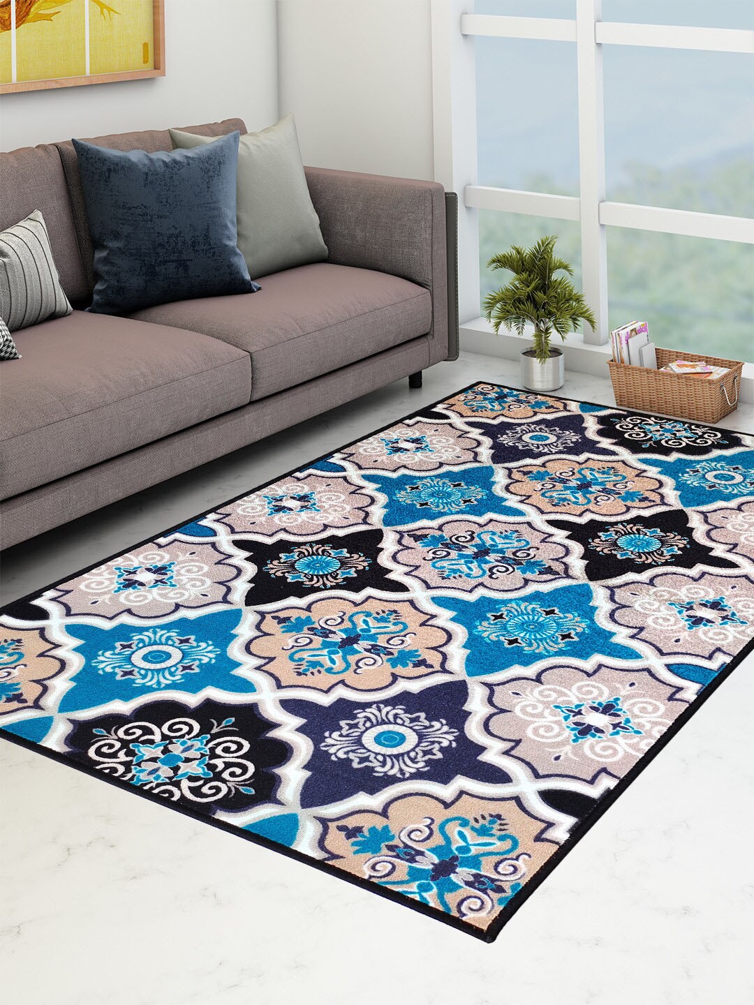 

Athom Trendz Blue & Beige Geometric Anti-Skid Carpet