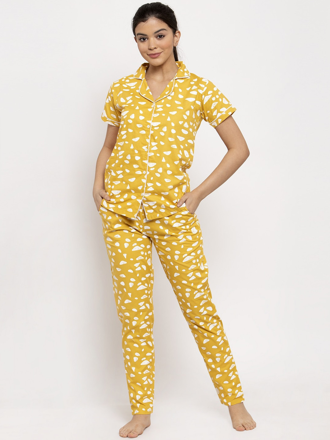 

Claura Women Yellow & White Printed Night suit