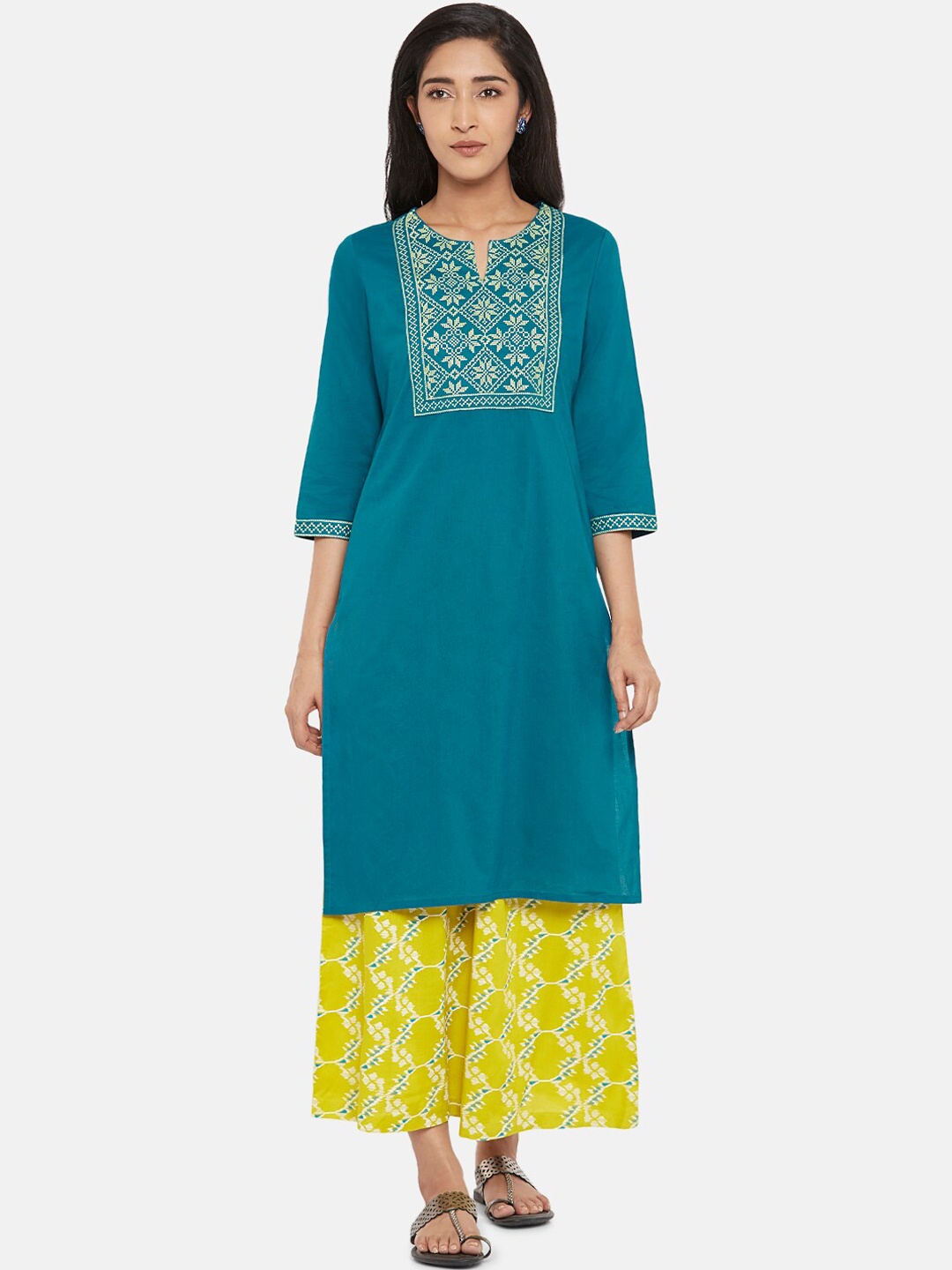 

Rangmanch By Pantaloons Women Teal Ethnic Motifs Yoke Design Kurta