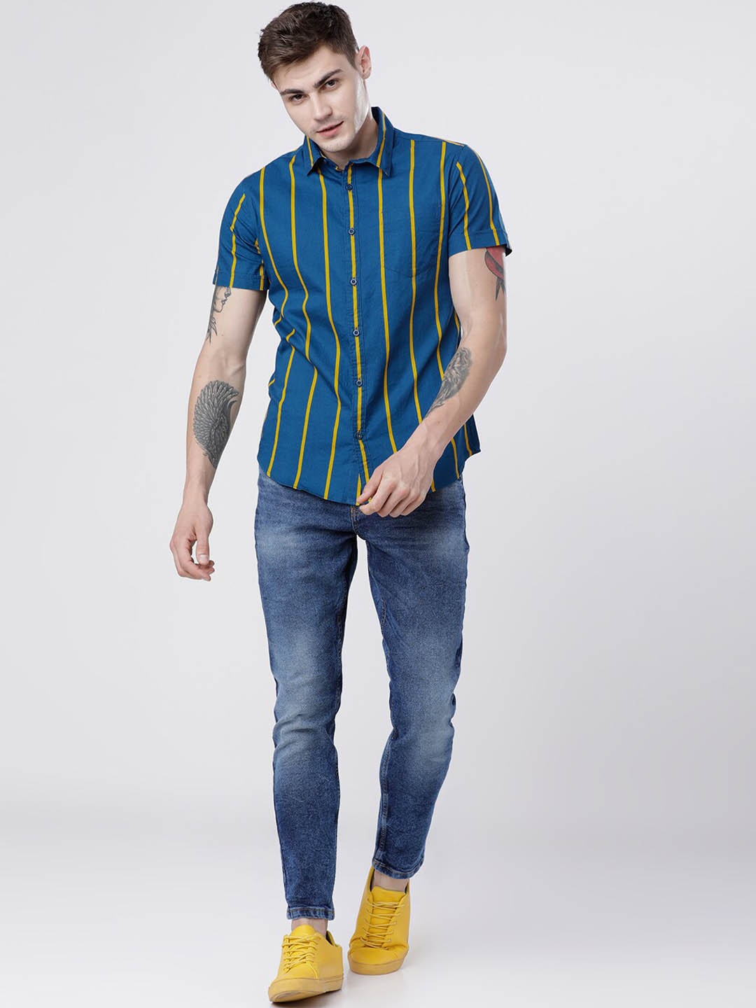 

HIGHLANDER Men Teal & Yellow Slim Fit Striped Casual Shirt