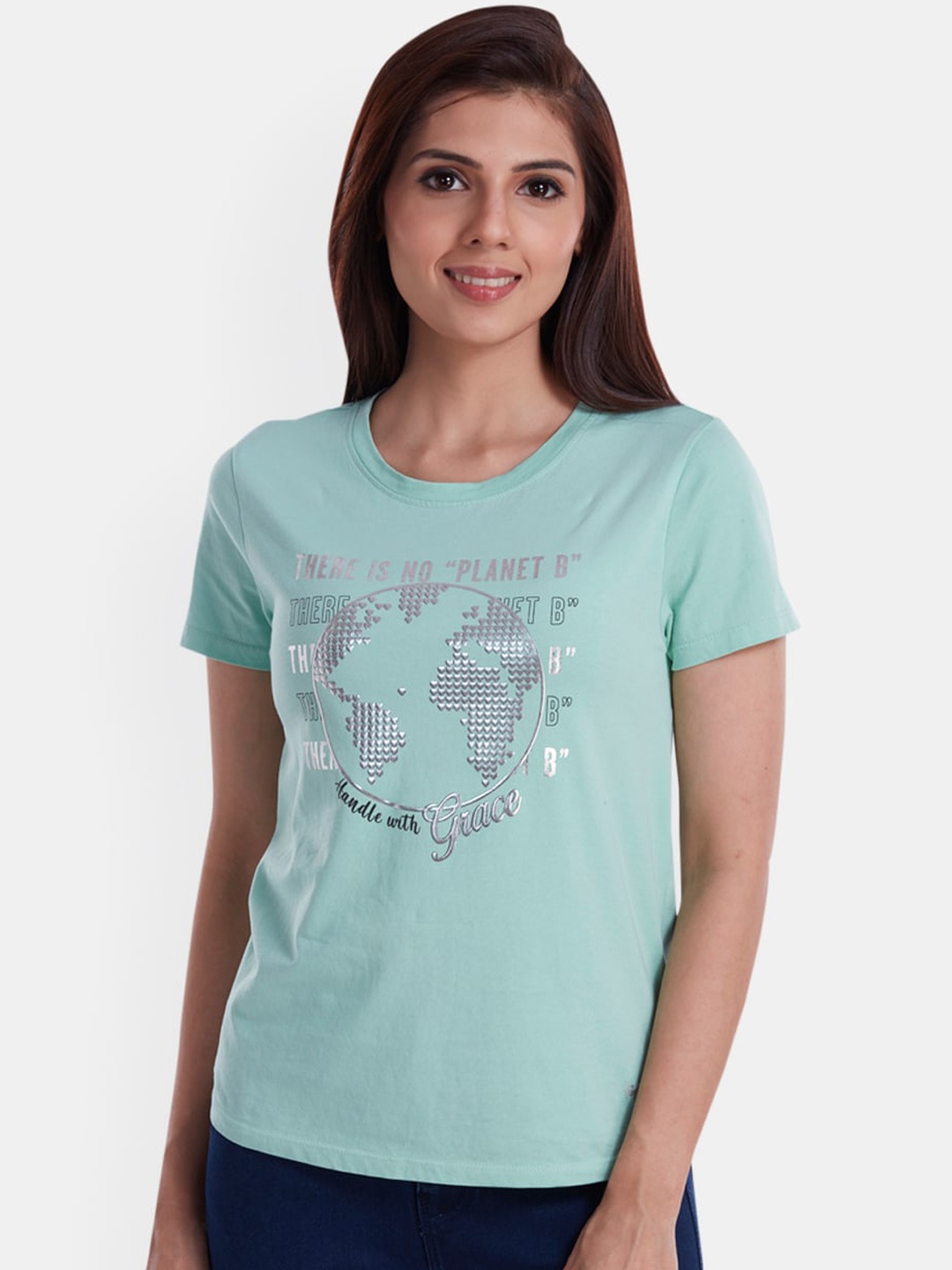 

Pepe Jeans Women Green Printed Round Neck T-shirt