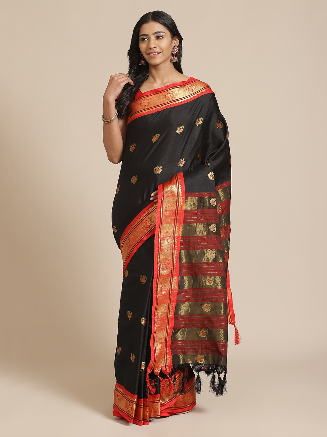 

Mitera Black & Red Pure Silk Woven Design Banarasi Saree