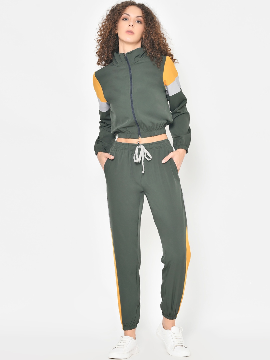

American-Elm Women Olive Green & Grey Solid Tracksuit